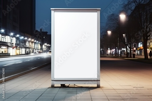 Large blank billboard on a city street at night, mock up, 3D rendering, Vertical blank white billboard at a bus stop on a city street, AI Generated