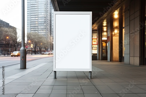 Blank white poster stand on city street. 3d rendering, Vertical blank white billboard at a bus stop on a city street, AI Generated