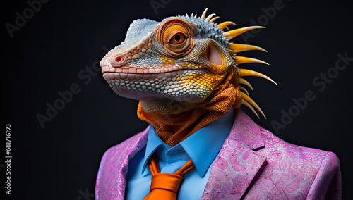 illustration of a lizard man in a purple suit against black background