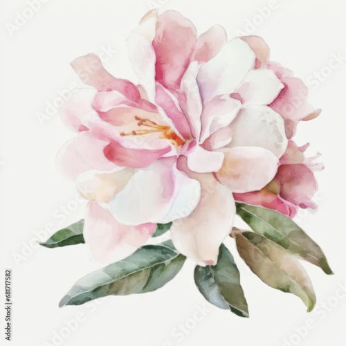 Realistic light pink ink peony flower. Watercolor illustration on white background. Floral art. Good for wedding invitations, cards. Generative AI.