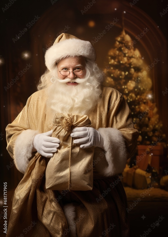 Cute Santa Claus in red clothes with a long white beard on a golden background. Generative AI.