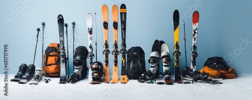 Ski equipment on a light background. Generative AI. photo