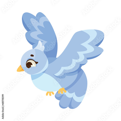 Cute Little Blue Bird Flying with Spread Wings Vector Illustration