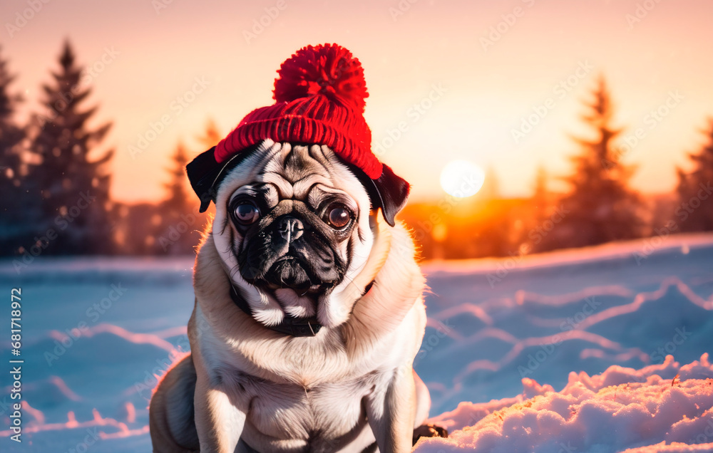Adorable pug dog in red hat on winter sunset background