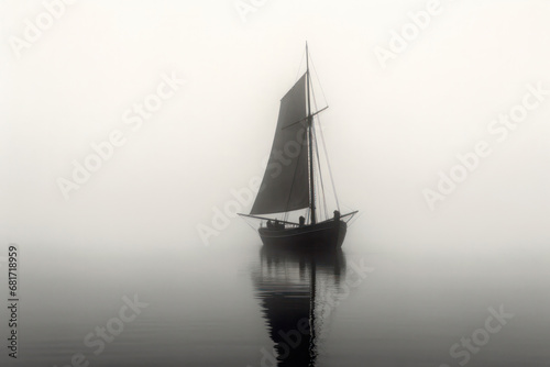 A Lone Sailboat Emerges from the Fog