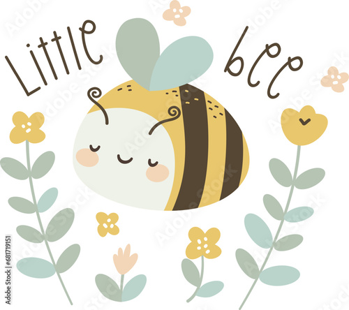 Flat vector children's illustration. Print for printing on children's products. Cute bee with flowers and inscription Little bee. . Vector illustration