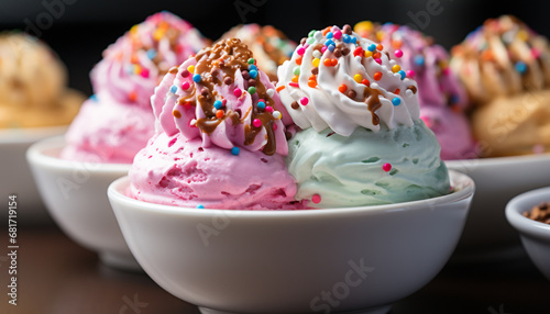 Gourmet dessert sweet, colorful ice cream sundae with raspberry icing generated by AI