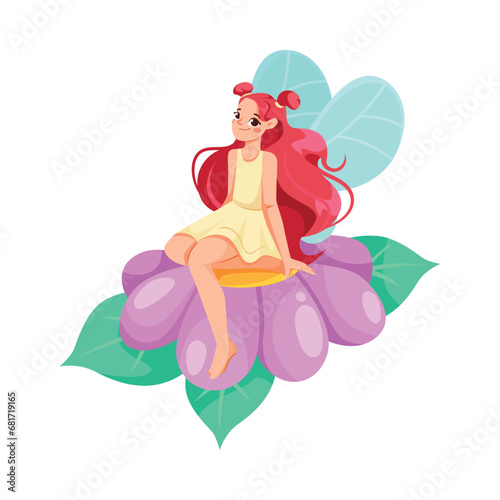Beautiful Fairy and Pixie in Yellow Dress with Wings Sit on Flower Vector Illustration