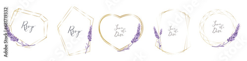 Floral Collection. A set of frames for wedding design. Lavender, gold frames. Cute lavender sprigs in monochrome purple color. . Vector illustration