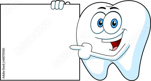 Happy Tooth Cartoon Character Pointing To Blank Sign. Vector Hand Drawn Illustration Isolated On Transparent Background