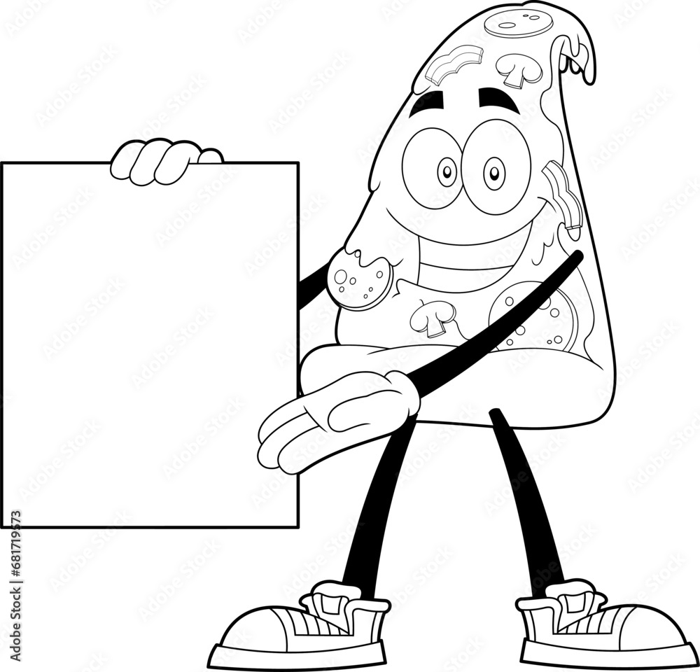 Outlined Smiling Pizza Slice Cartoon Character Present Blank Sign ...