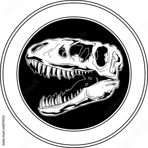 Tyrannosaurus Rex Dinosaur Skull Graphic Design Sign. Vector Hand Drawn Illustration Isolated On Transparent Background