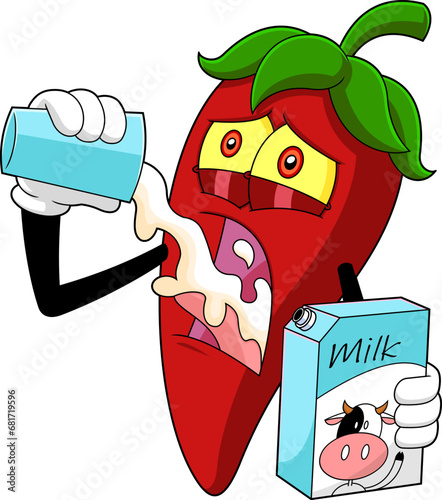 Hot Chili Pepper Cartoon Character Drink Milk. Vector Hand Drawn Illustration Isolated On Transparent Background