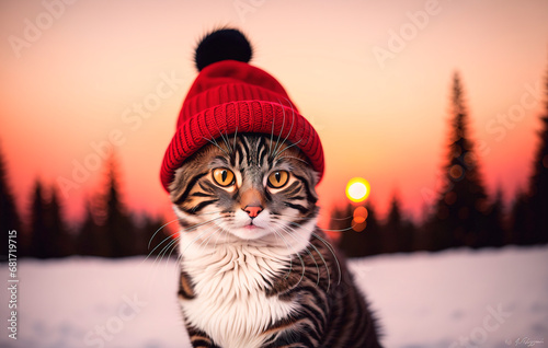 Cute cat in knitted hat on the background of winter forest.