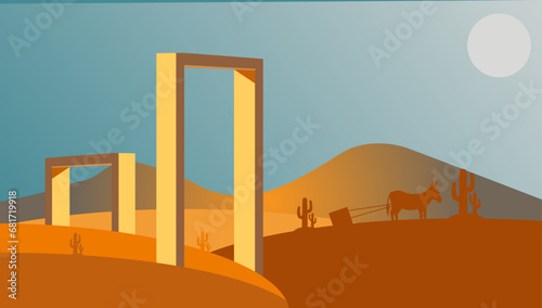 3d render, Surreal desert landscape with mule blok stone white clouds going into the yellow square portals on sunny day. Vector art template