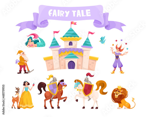 Fairytale Characters with Mermaid, Gnome, Jester, Snow White, Knight and Lion King Vector Set