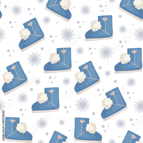 Seamless pattern with winter,fur boots,ugs and snowflakes.Background for festive Christmas decor.Vector graphics.