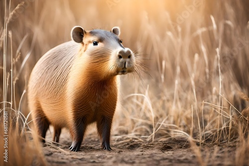 capybara standing on dry grass in morning