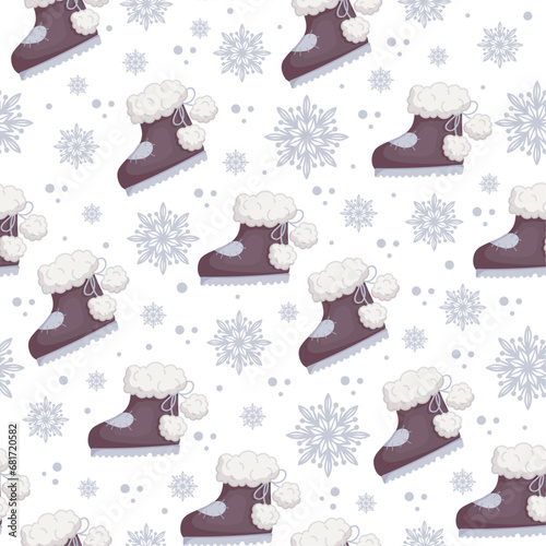 Seamless pattern with winter,fur boots,ugs and snowflakes.Background for festive Christmas decor.Vector graphics.