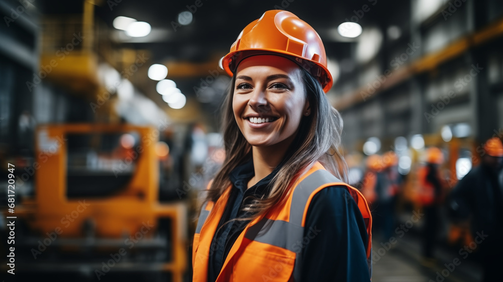 Portrait of the female factory worker in an orange vest a white construction helmet, industry construction background