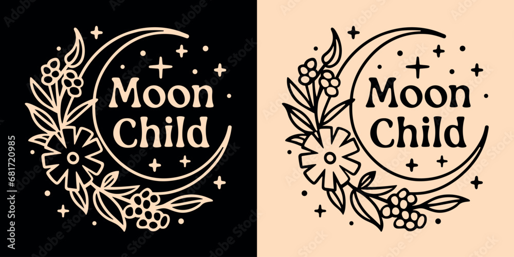 Moon child lettering inside crescent moon. Celestial thin tattoo line ...