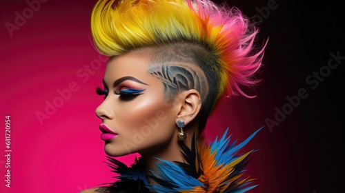 A bright portrait of a punk rock girl with a spectacular mohawk hairstyle in neon pink and electric blue tones on a rich yellow background