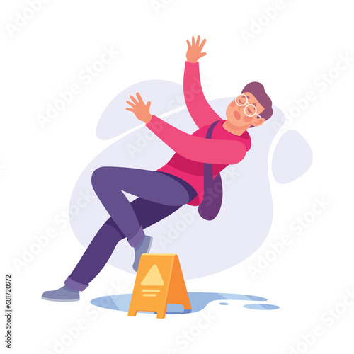 Falling Young Man Character Slip on the Ground Vector Illustration