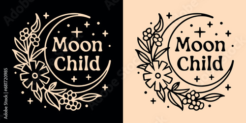 Moon child lettering inside crescent moon. Celestial thin tattoo line art illustration. Modern witch quotes for spiritual girls aesthetic. Boho witchy text for t-shirt design and print vector.