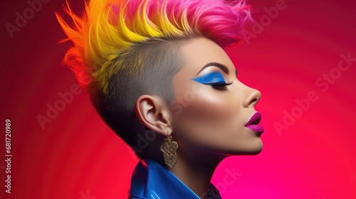 A bright portrait of a punk rock girl with a spectacular mohawk hairstyle in neon pink and electric blue tones on a rich yellow background photo