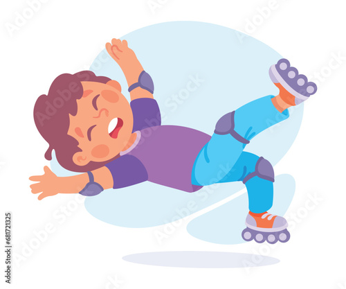 Falling Little Boy Character Slip on the Ground on Roller Skates Vector Illustration