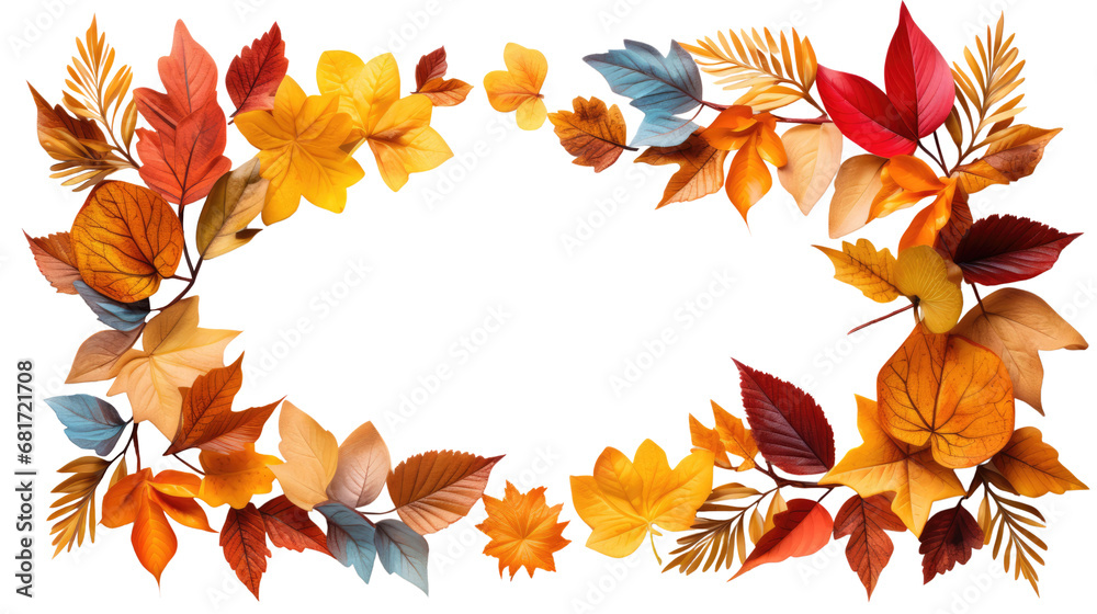 Fall leaves frame, botanical corner border with orange foliage. Autumn-themed design. Isolated on transparent