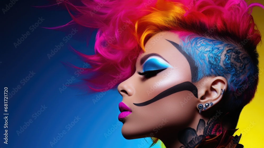 A bright portrait of a punk rock girl with a spectacular mohawk hairstyle in neon pink and electric blue tones on a rich yellow background A bright portrait of a punk rock girl with a spectacular mohawk hairstyle in neon pink and electric blue tones on a rich yellow background