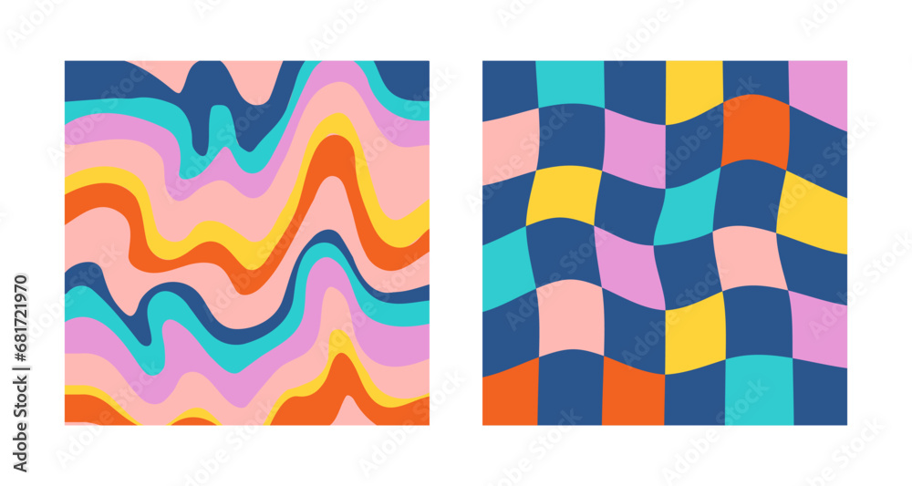 Obraz premium 1970 Trippy Checkerboard and Wavy Swirl Pattern Set. Vector Illustration. Seventies Style, Groovy Background, Wallpaper, Print. Flat Design, Hippie Aesthetic.