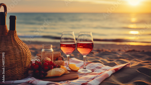 A glass of white wine and a bottle of wine on the beach. romantic dinner on the coast.