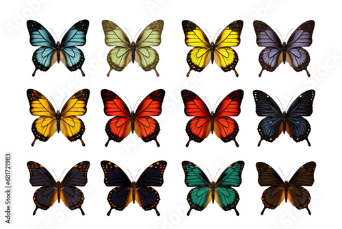 Big collection of colorful butterflies isolated on transparent