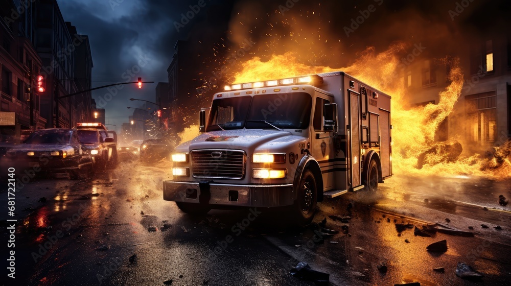 Police, fire, and paramedic units converge on the scene of an emergency, showcasing the coordinated efforts of first responders Police, fire, and paramedic units converge on the scene of an emergency, showcasing the coordinated efforts of first responders