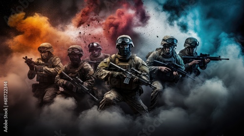 Warzone camaraderie! A portrait of military men, a group of soldiers on a smoky background.