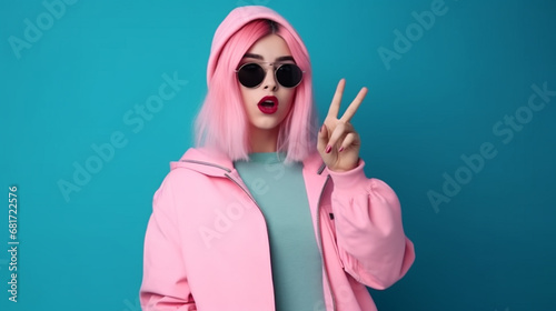 The woman points her finger into the void on the blue background. AI Generated