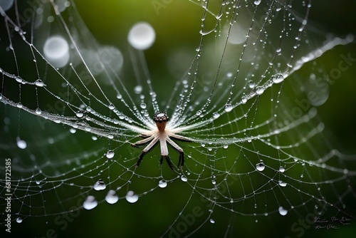 Raindrops on a spider's silk, forming a delicate network that captures the essence of a wet morning.