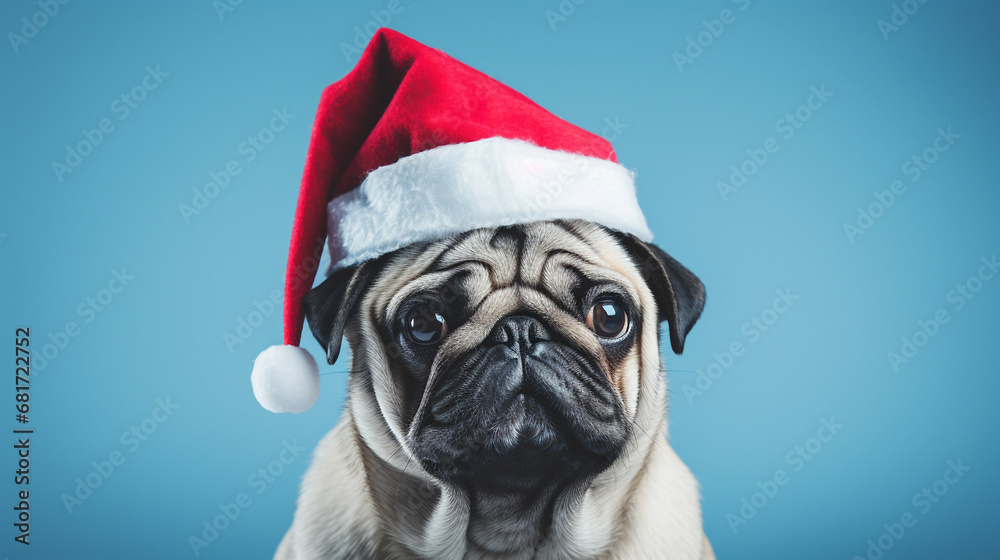 Closeup portrait of cute pug dog with christmas hat isolated on light blue background