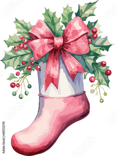 Watercolor hand drawn christmas stocking full of gifts and treats