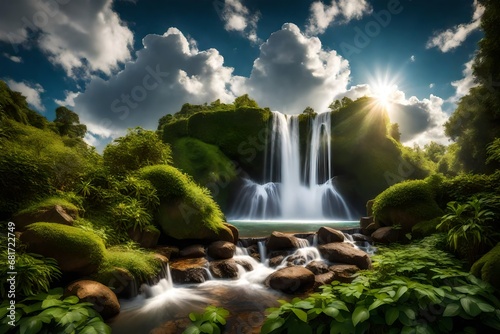 A serene waterfall framed by lush greenery  the sky above decorated with fluffy clouds catching the sunlight.