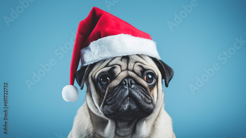 Closeup portrait of cute pug dog with christmas hat isolated on light blue background