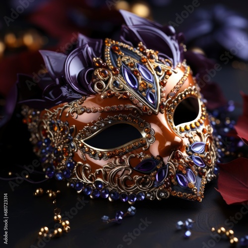 Mardi Gras holiday.carnival mask and beads decoration. Purple, Gold, and Green colors. square