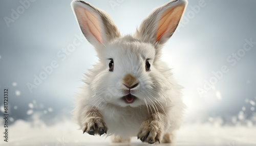Cute baby rabbit sitting in the snow  looking at camera generated by AI