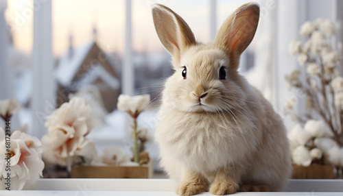 Fluffy baby rabbit sitting on table  looking at camera generated by AI