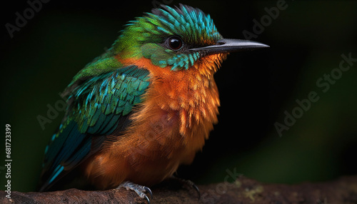 Vibrant hummingbird perching on branch in tropical rainforest habitat generated by AI