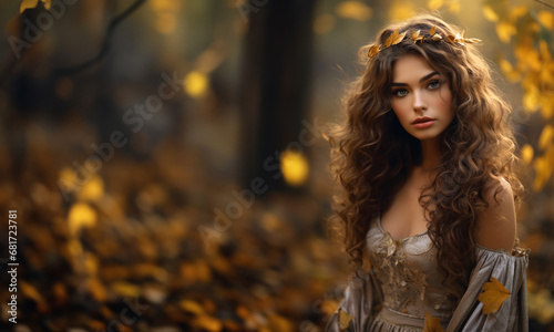 Autumn female portrait in the park. A woman in a beautiful dress and curly hair with charming eyes. Photo with space for individual text