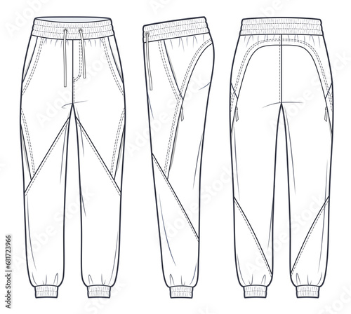 Jogger Pants fashion flat technical drawing template. Sports Sweat Pants technical fashion Illustration, side pockets, elastic waistband, front, side, back view, white, women, men, unisex CAD mockup. photo