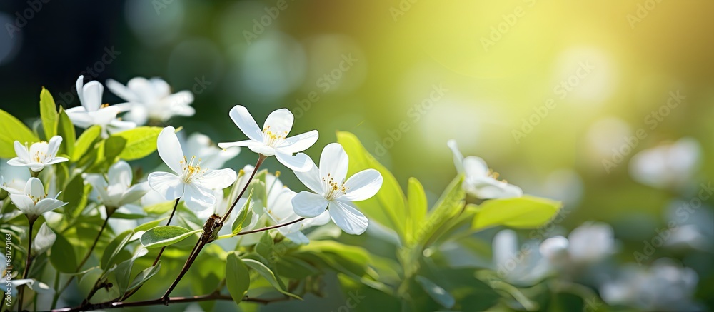 In the blooming spring garden, a breathtaking white floral beauty is captured in a closeup shot, showcasing the intricate details of its delicate petals and green leaf against the natural backdrop of
